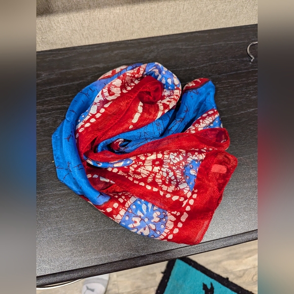 Vibrant Blue and Red 100% Silk Scarf. 68x22 Inches. Lightweight. Flowy. GUC. - Picture 7 of 7